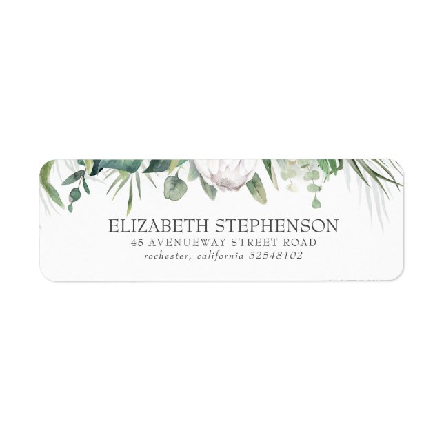 Elegant White King Protea and Tropical Greenery Label (Front)