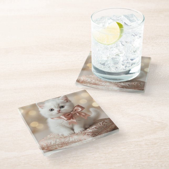 Elegant White Kitten Boutique Glass Coaster (Angled)