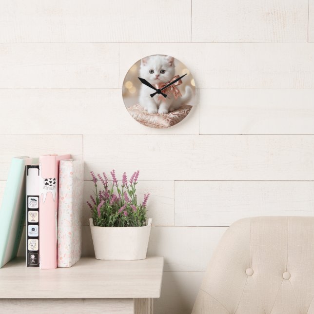 Elegant White Kitten Boutique Round Clock (Reading Room)