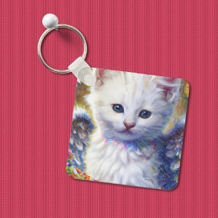 Elegant White Kitty with Wings Keychain