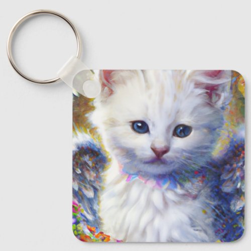 Elegant White Kitty with Wings Keychain