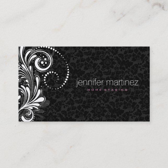 Elegant White Lace And Black Damask Business Card (Front)