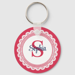 Elegant White Lace and Red and Navy Initial Keychain