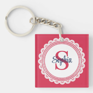 Elegant White Lace and Red and Navy Initial Keychain