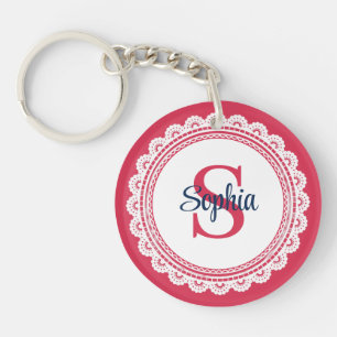 Elegant White Lace and Red and Navy Initial Keychain