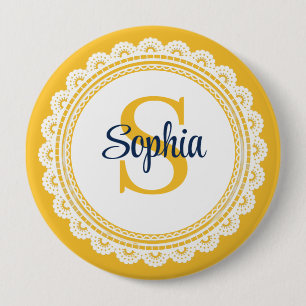 Elegant  White Lace and Yellow and Navy Initial Button