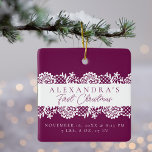 Elegant White Lace Baby's First Christmas Photo Ceramic Ornament<br><div class="desc">Minimal and elegant simple baby's first Christmas photo & birth Stats keepsake photo ornament. The design features an elegant faux white lace Design. Customize with Baby's Name,  date,  time,  and birth stats,  and add your baby's photo to the back of the ornament.</div>