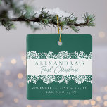 Elegant White Lace Baby's First Christmas Photo Ceramic Ornament<br><div class="desc">Minimal and elegant simple baby's first Christmas photo & birth Stats keepsake photo ornament. The design features an elegant faux white lace Design. Customize with Baby's Name,  date,  time,  and birth stats,  and add your baby's photo to the back of the ornament.</div>