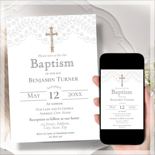 Elegant White Lace  Baptism Invitation