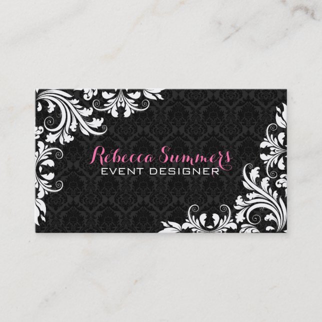 Elegant White Lace Black Damasks Business Card (Front)