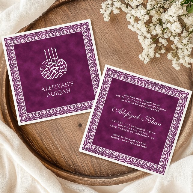 Elegant White Lace Border Plum Islamic Aqiqah Invitation (Creator Uploaded)