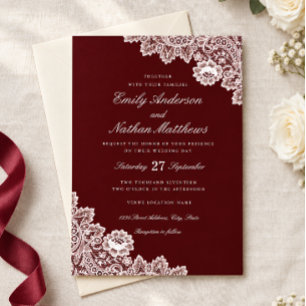 Elegant White Lace Burgundy Wedding Invitation