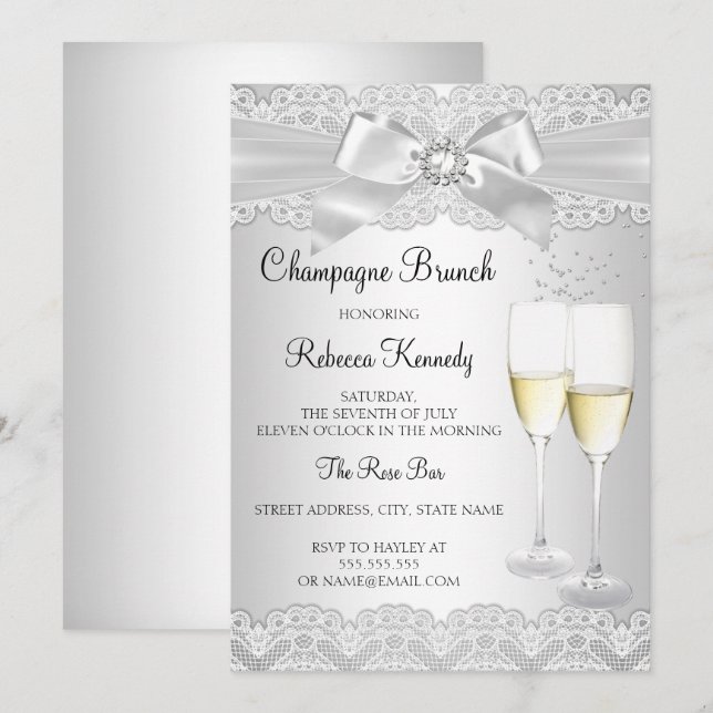 Elegant White Lace Champagne Brunch Invite (Front/Back)