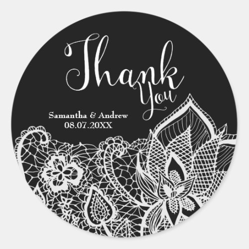 Elegant white lace custom wedding Thank you Classic Round Sticker