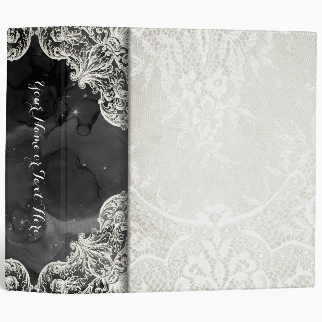 Elegant White Lace & Dark Starry Galaxy Floral 3 Ring Binder (Front/Spine)