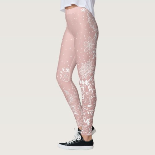 Elegant white lace floral and confetti design leggings