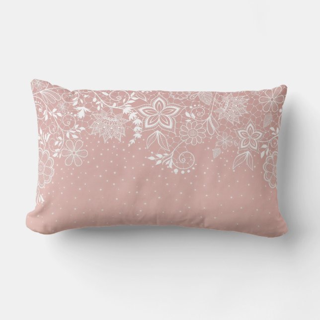 Elegant white lace floral and confetti design lumbar pillow (Front)