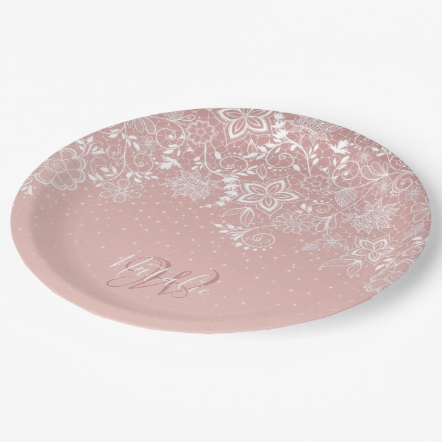 Elegant white lace floral and confetti design paper plates (Angled)