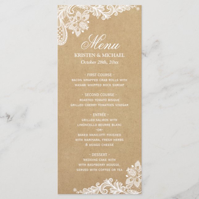 Elegant White Lace Kraft Wedding Dinner Menu (Front)
