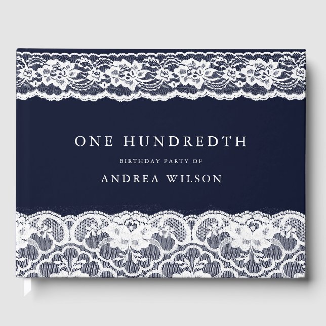 Elegant White Lace Navy Blue 100th Birthday Party Guest Book (Front)