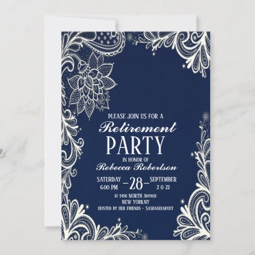 elegant white lace navy blue Retirement Party Invitation