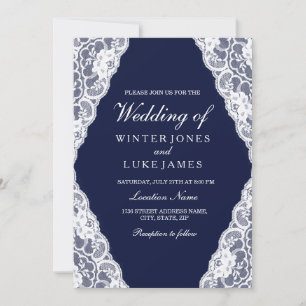 Elegant White Lace Navy Blue Wedding Invite