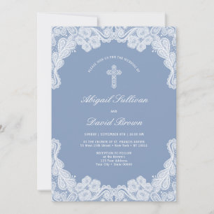Elegant White Lace on Blue Wedding Invitation
