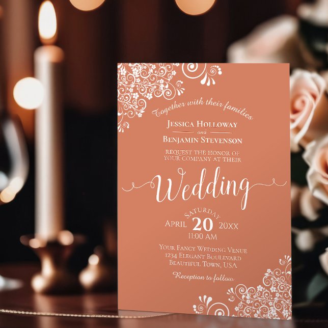 Elegant White Lace on Terracotta Coral Wedding Invitation (Creator Uploaded)