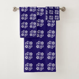 Elegant White Lace Pattern on Navy Blue Bath Towel Set