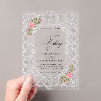 Elegant white lace pink flower calligraphy wedding acrylic invitations