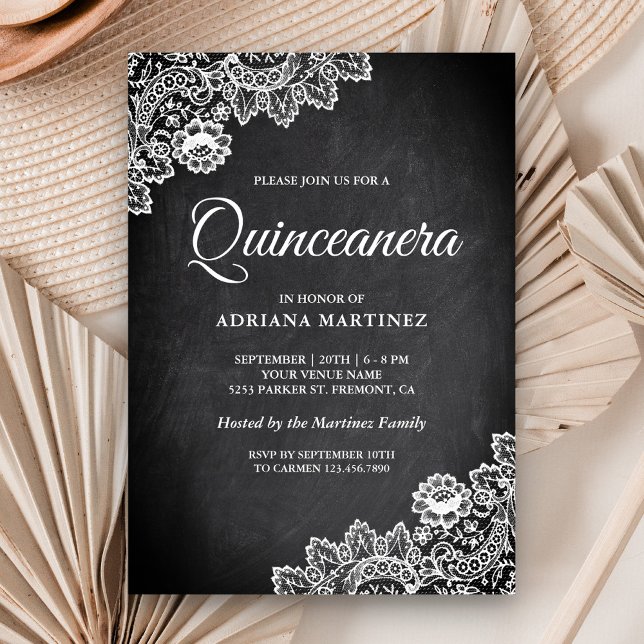 Elegant White Lace Rustic Chalkboard Quinceanera Invitation (Creator Uploaded)