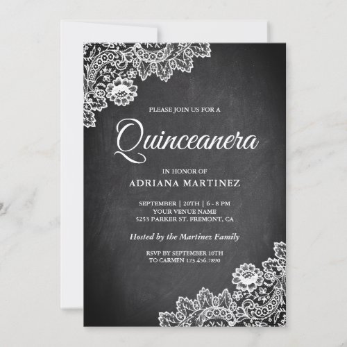 Elegant White Lace Rustic Chalkboard Quinceanera Invitation