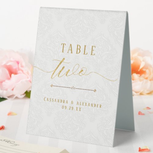 Elegant White Lace Script Gold Wedding Two 2 Table Tent Sign