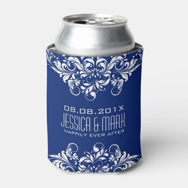 Elegant White Lace With Blue Background Can Cooler (Can Front)