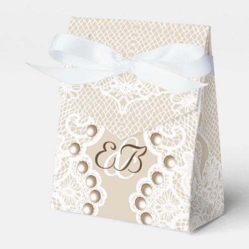 Elegant white lace with pearls beige wedding favor boxes