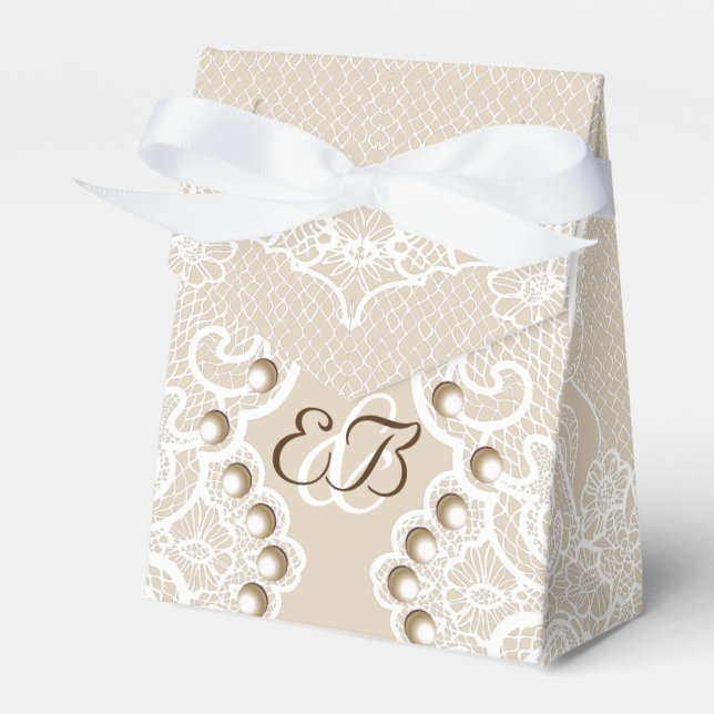 Elegant white lace with pearls beige wedding favor boxes (Front Side)