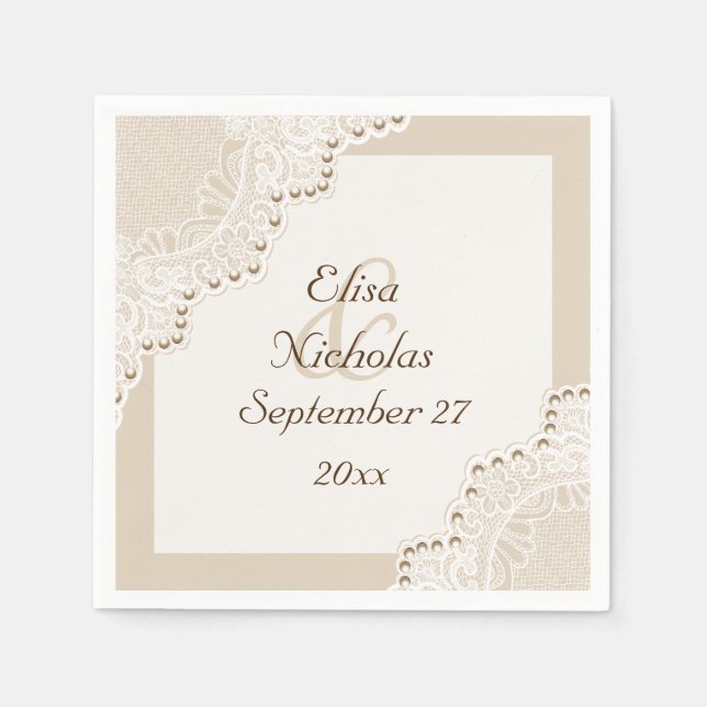 Elegant white lace with pearls beige wedding napkins (Front)