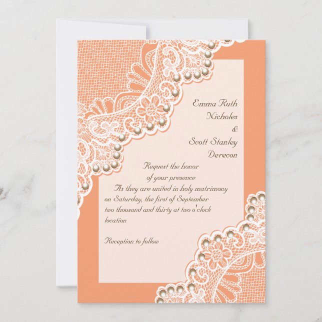 Elegant white lace with pearls coral wedding invitation (Front)