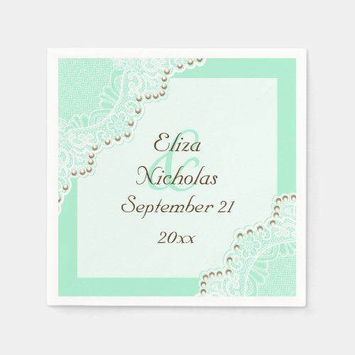 Elegant white lace with pearls mint green wedding napkins