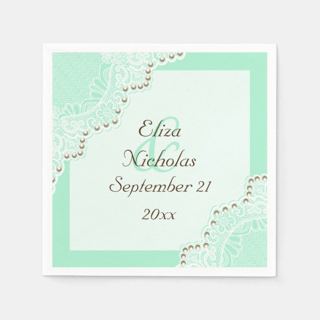 Elegant white lace with pearls mint green wedding napkins (Front)