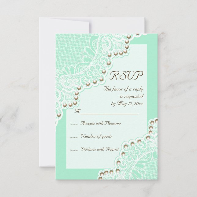 Elegant white lace with pearls mint wedding RSVP Card (Front)