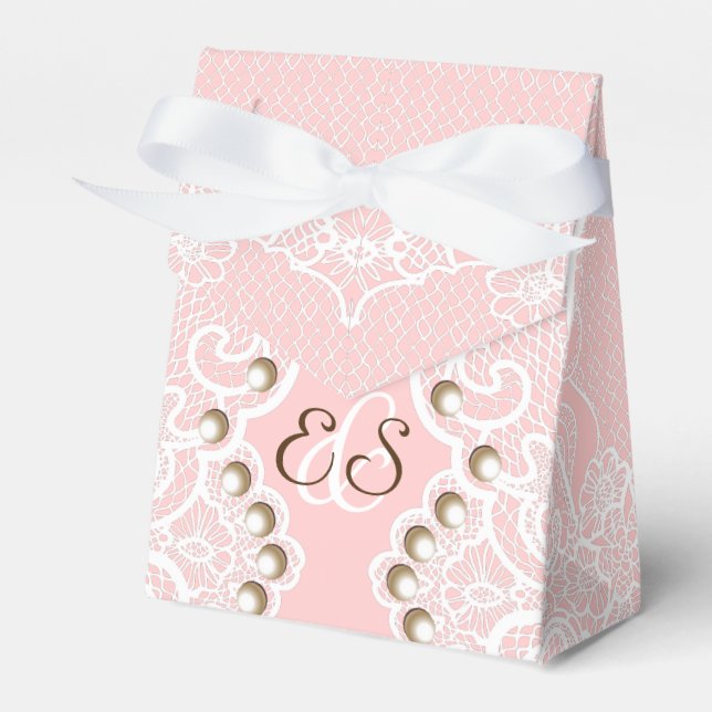 Elegant white lace with pearls pink wedding favor boxes (Front Side)