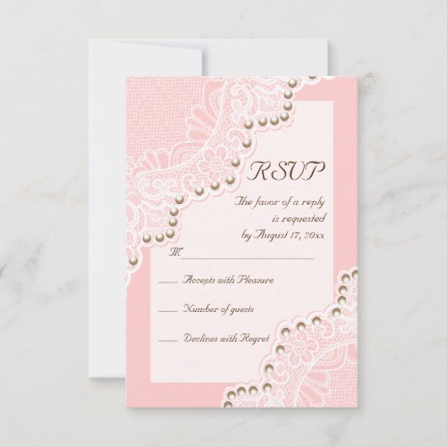 Elegant white lace with pearls pink wedding RSVP