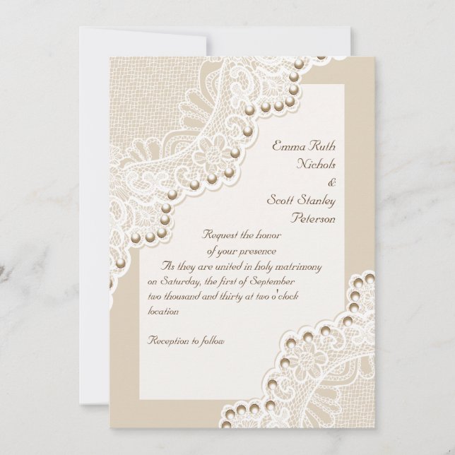 Elegant white lace with pearls wedding invitation (Front)