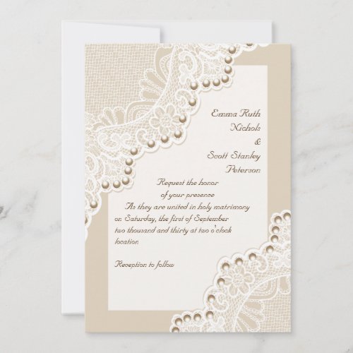 Elegant white lace with pearls wedding invitation