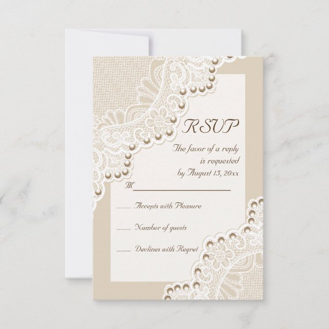 Elegant white lace with pearls wedding RSVP reply (Front)