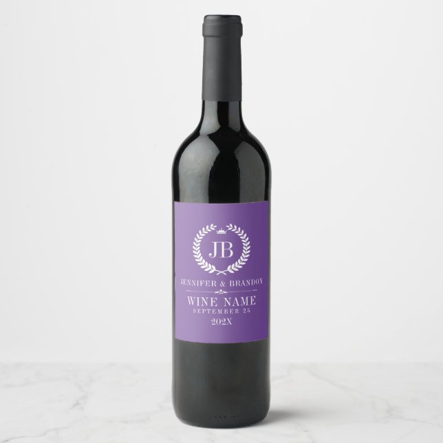 Elegant White Laurel Wreath on Purple Wine Label (Front)