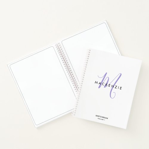 Elegant White Lavender Script Monogram Sketchbook Notebook