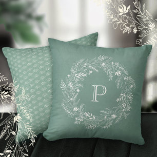 Elegant white leaf frame letter P Throw Pillow