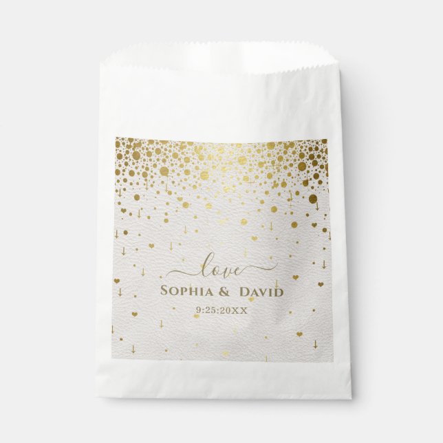 Elegant White Leather Gold Confetti Wedding  Favor Bag (Front)